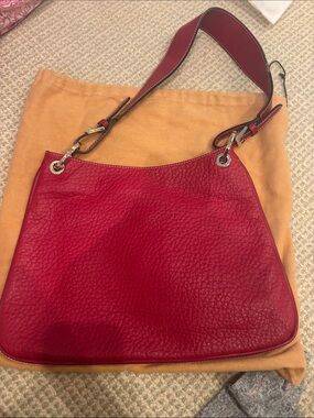 Classic Red Pebbled Leather Shoulder Bag with Wide Strap